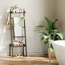 5 Tier Bamboo Blanket Ladder 2 Shelves Towel Rack Storage Home Decor Mocha Brown