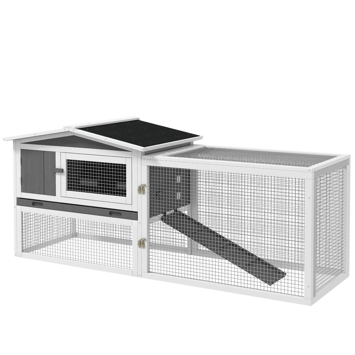 Rabbit Hutch and Run Outdoor with Sliding Tray Hay Rack Ramp