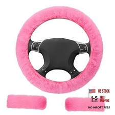 3 PCS Fluffy Steering Wheel Cover Set, 15'' Furry Car Wheel Cover, 2 Seat pink