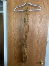 Vtg 70s Macrame Jute Braid  Clay Bead Plant Hanger Brown Long Boho Retro 44  