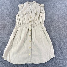GUESS Women Beige 100% Linen Sleeveless Button Front Utility Shirt Dress Small