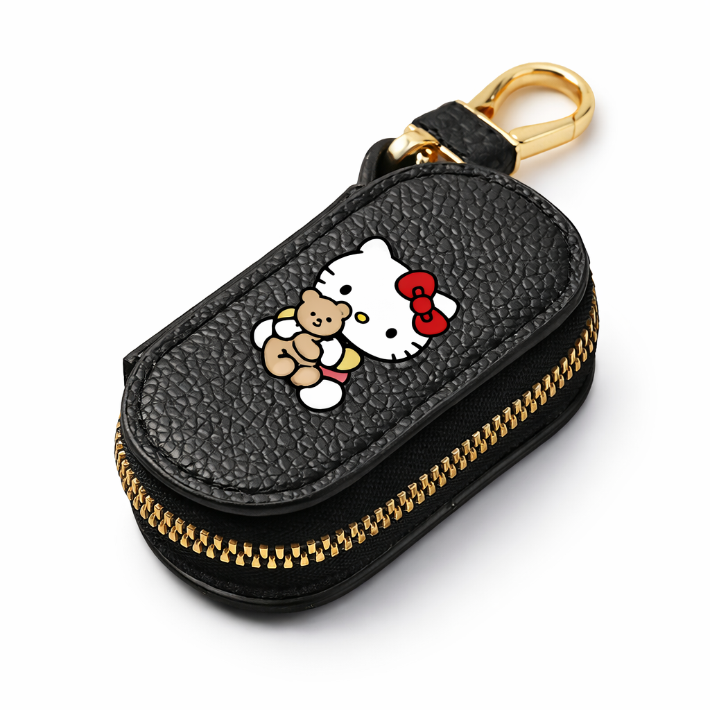 Sanrio Hello Kitty Car Key Pouch Black Leather Keychain Wallet Charm