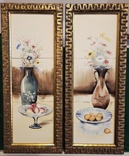 Pair Framed Ceramic Tile Art Wall Hangings ~ Vase and Flowers Painting on Tiles