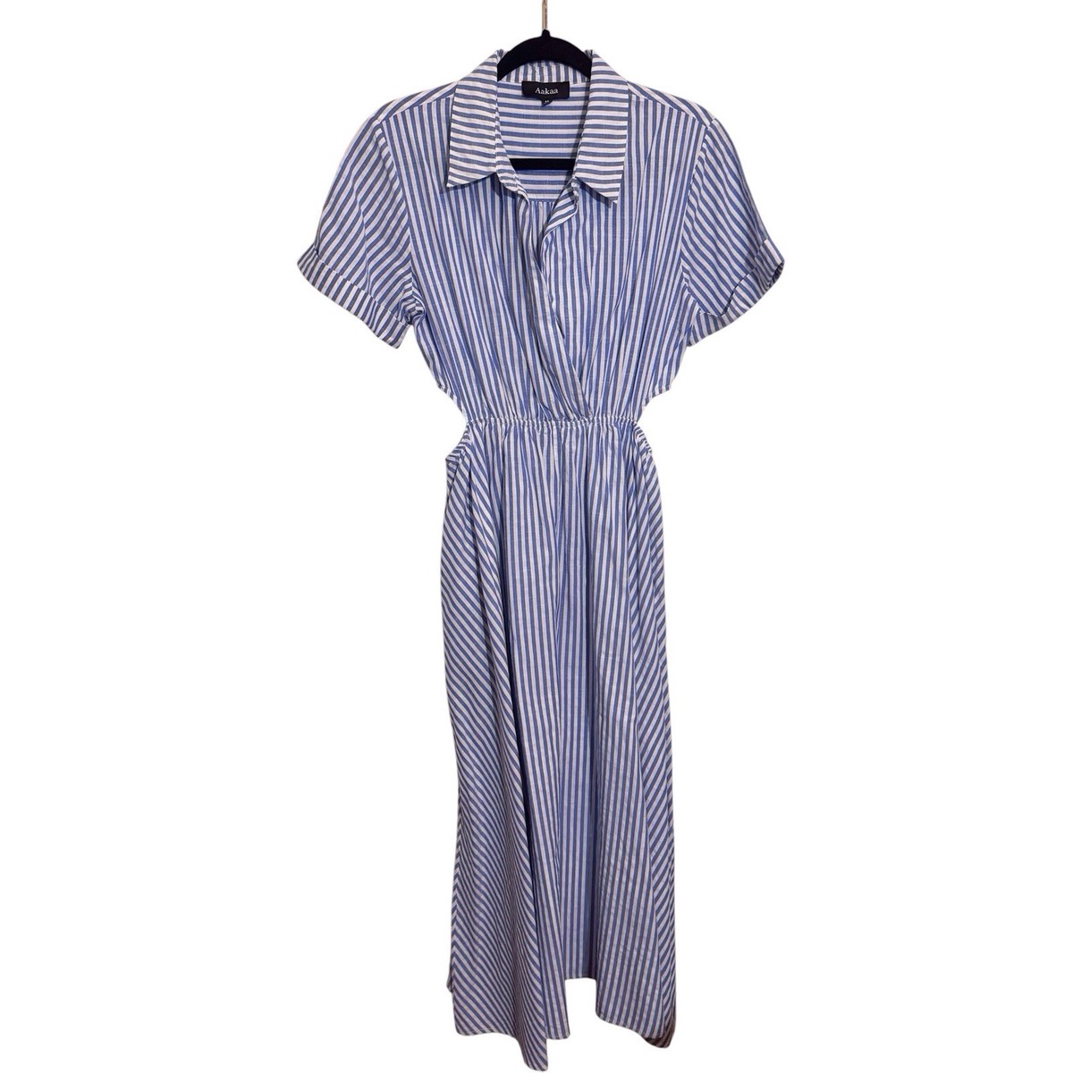 aakaa blue dress Size Medium White Stripe Cutout Midi Shirt Preppy Vacation Aakaa fashion