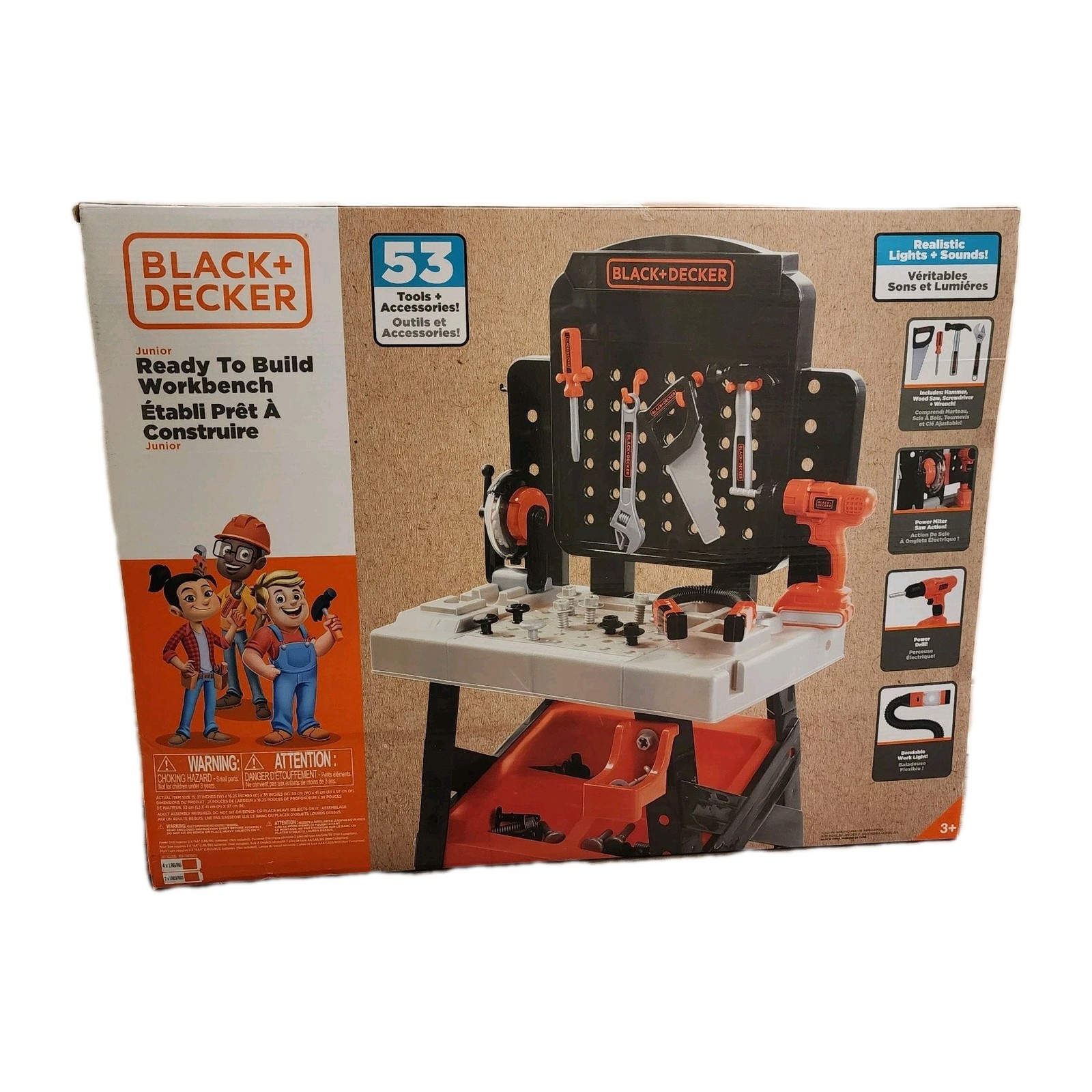 Black + Decker Junior Ready to Build Workbench Kids Play 53 Tools Sounds Light