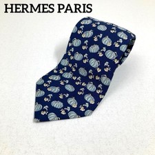 HERMES Neck Tie Navy Light Blue Pumpkin 100 Silk Made in France