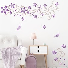 Supzone Flowers Vine Wall Decals Purple Flowers Wall Stickers Butterfly Wall Dec