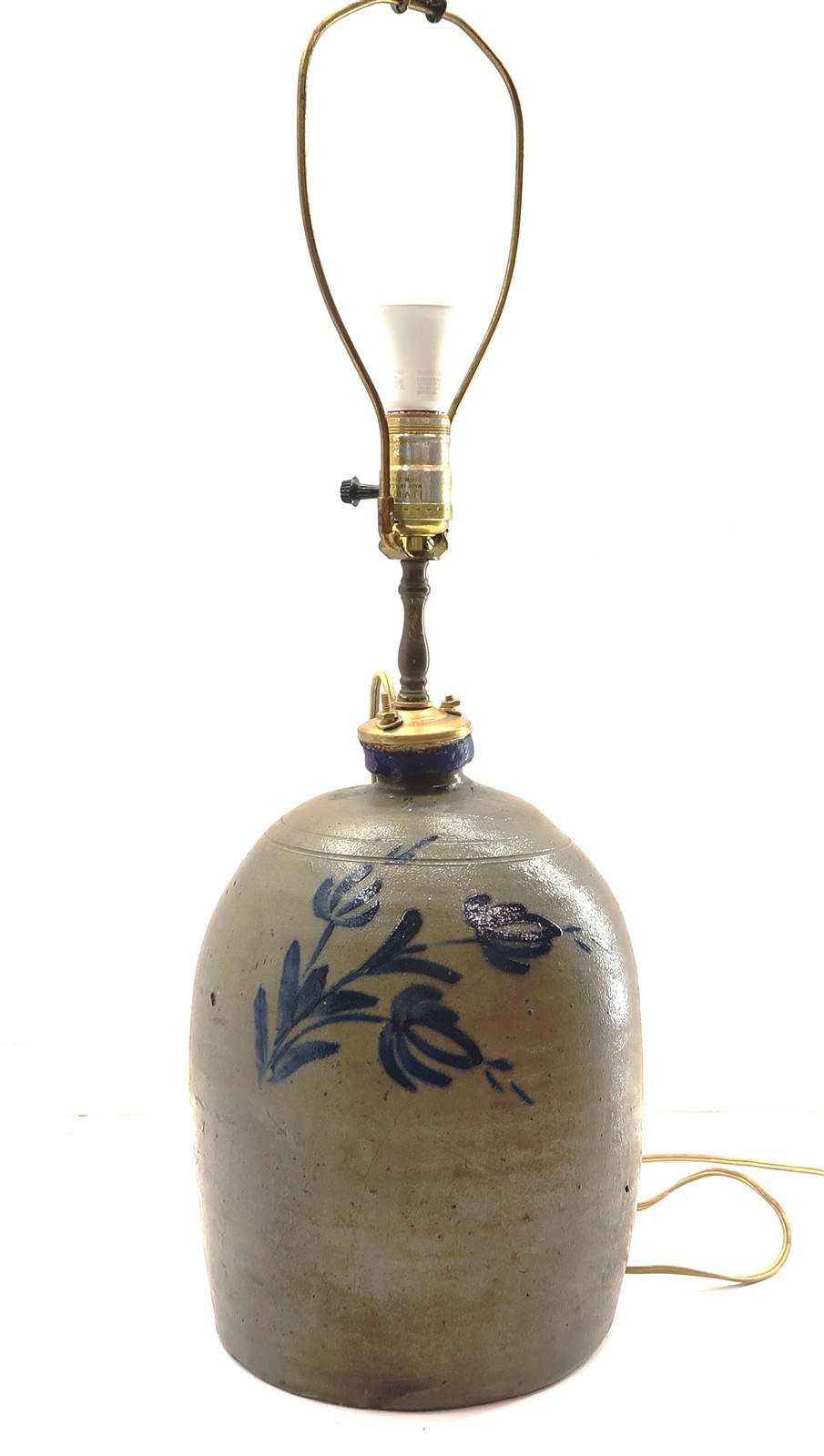 Vintage Blue Decorated Stoneware Handled Jug Table Lamp 28" Tall AS-IS CONDITION