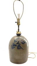 Vintage Blue Decorated Stoneware Handled Jug Table Lamp 28" Tall AS-IS CONDITION