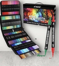 120 Colors Acrylic Paint Markers, Dual Tip Fine and Brush Tips Pens Contain 24 M