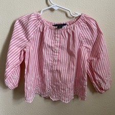 Polo Ralph Lauren Girls PINK Striped Eyelet Embroidered Button Shirt Easter Prep