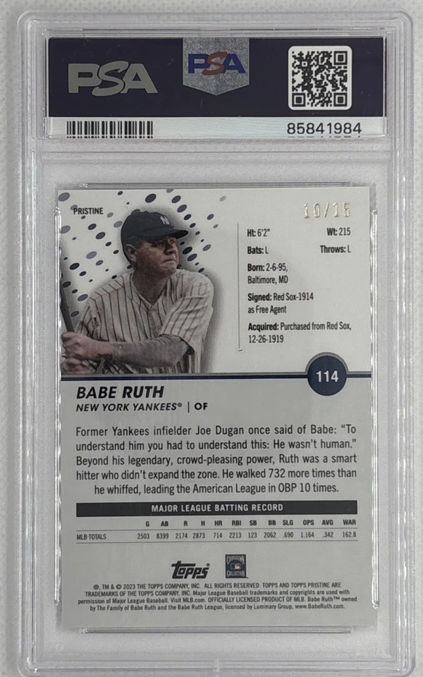 2023 Topps Pristine Babe Ruth #114 Pristine Pink /15 PSA 10 Gem Mint 🌶️🥵 - Image 2 of 3