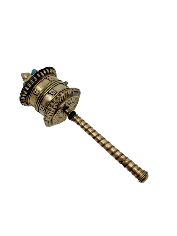 Vintage Tibetan Buddhist Prayer Wheel Gold Silver & Turquoise Handheld (V)