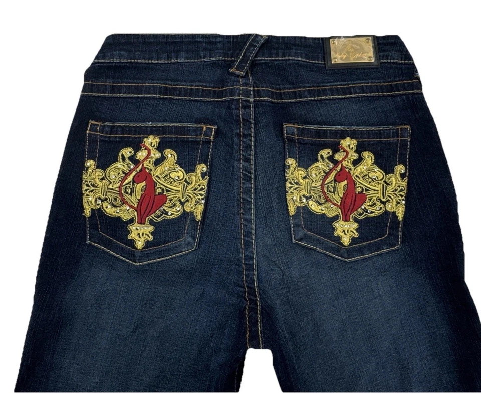 Pantalones de mezclilla Y2K Baby Phat para mujer talla 14 (30x32) corte bota acampanado bordado gato deslumbrado Foto 4 de 4