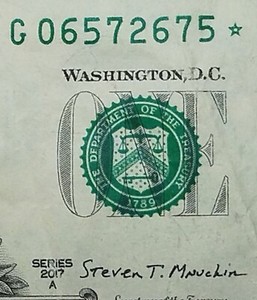 $1 One Dollar Star Note 500K Run Size Serial Number G06572675* Series 2017A
