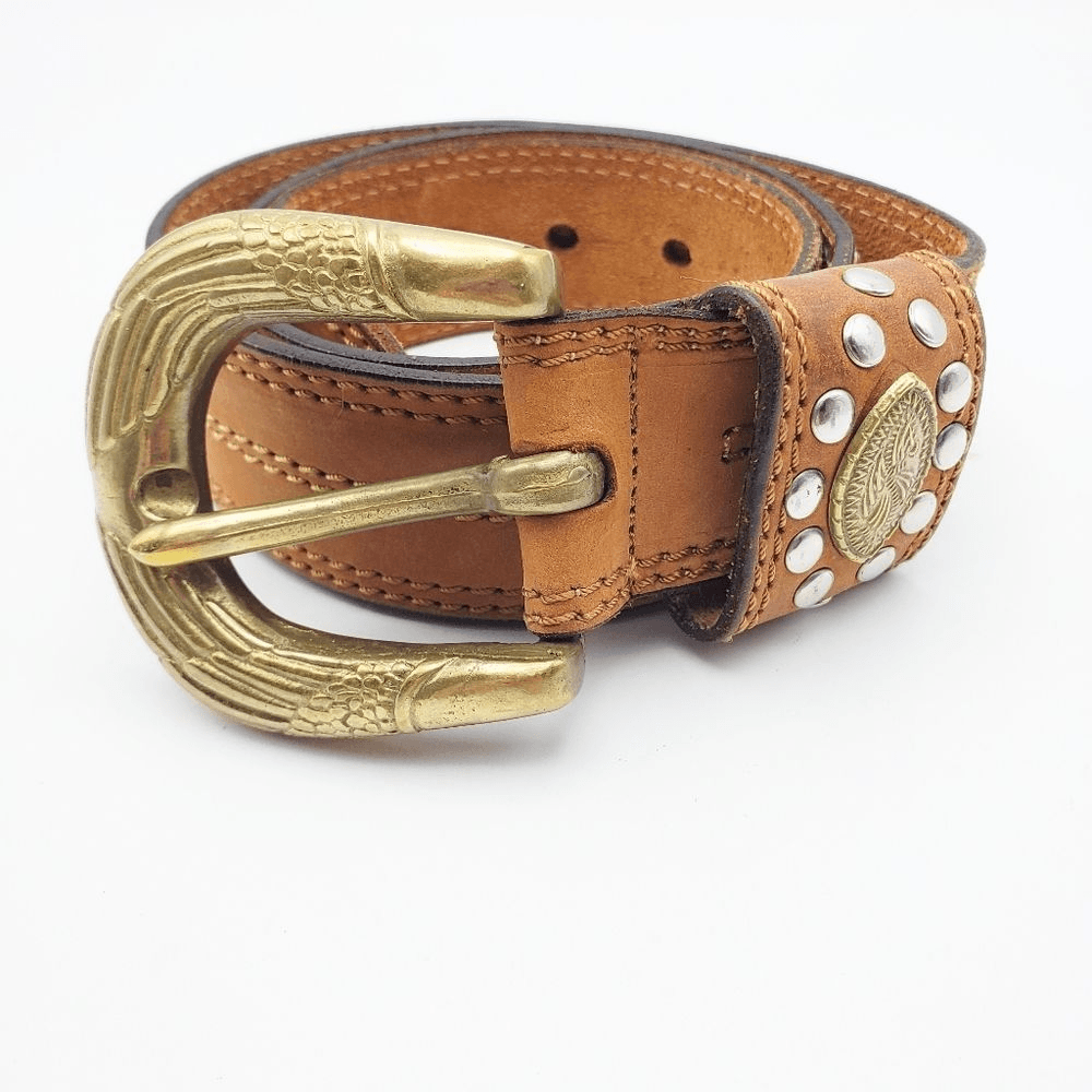 DOPPIA VITA Brown Leather studded Belt Gold Hardware | eBay display picture 3