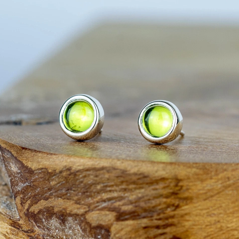Natural Peridot Round Cabochon Gemstone 925 Sterling Silver Women Stud Earrings - Image 3 of 4