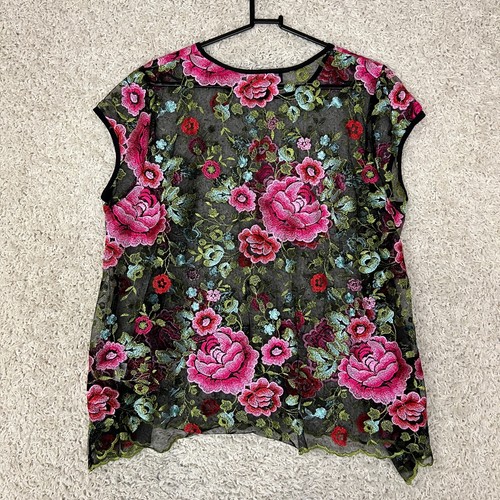 Karen Kane Floral Embroidered Sheer Mesh Shirt Top Blouse Womens Medium - Imagen 7 de 9