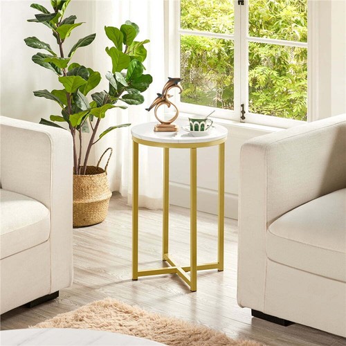 Wooden Top Round Faux Marble End Side Table Sturdy Metal Legs Mustard Gold