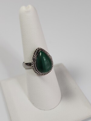 Karis Green Malachite Teardrop Shape Ring Signed Silver Color Setting SIZE 8