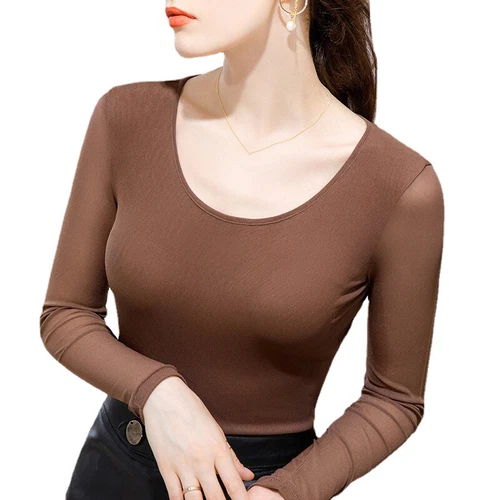 Damen-T-Shirt U-Ausschnitt Netz Langarm Stretch Basisschicht Oberteil schmale Passform Freizeit - Bild 14 von 20