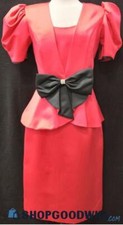 Vintage 70s 80s Samantha Black Red Dress Suit Puff sleeves, BOW Size 8 USA Made