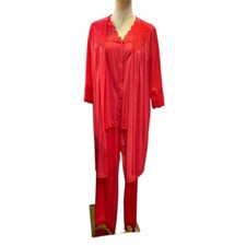 VTG Henson Kickernick Nylon Pajama Set Size S/M Coral 3 PC Top Pants Robe READ