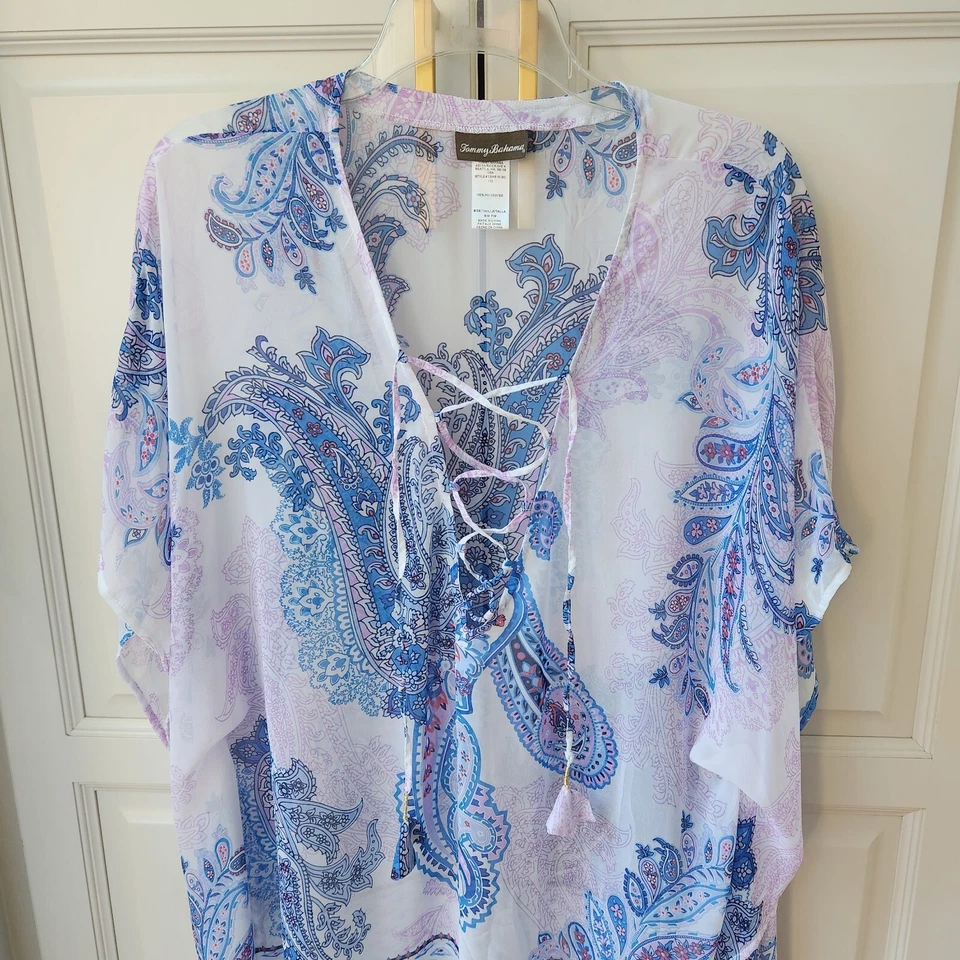 Tommy Bahama Beach Cover Up Poncho Tunic Top S  M Blue Purple Lace Up Semi Sheer - Image 3 of 4