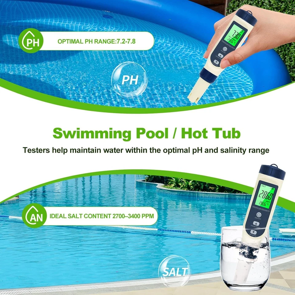 5-in-1 Digitales pH Messgerät - Wasser/Salzgehalt/TDS/EC/Thermometer für Pools Aquarien - Bild 2 von 4