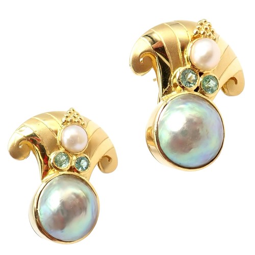 Rare! Vintage Paula Crevoshay 18k Gold Abalone Pearl Blue Gemstone Earrings OOAK - Picture 14 of 15