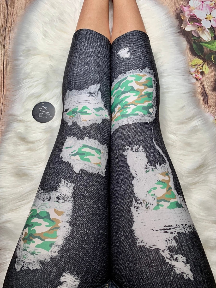 Green Camo Denim Patch Print Capri Leggings OS TC TC2