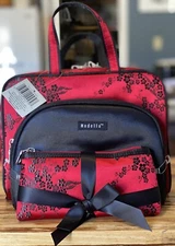 Set of 3! New Modella 3 Pc Weekender Set Red/Black Chinese Brocade Cosmetic