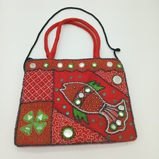 VTG Ethnic Tribal Design HandBag Red Fish Jewels Mirrors Hobo Purse