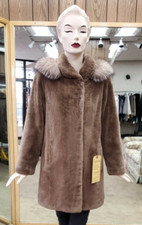 Sheared Beaver Fur 33" Jacket With Detachable Hood With Fox Fur Trim- Size 8