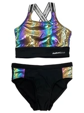 Justice Girls 2pc Swim Suit Shimmery Black Rainbow Tankini Bikini Large (12-14)