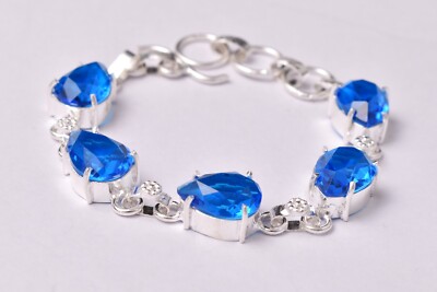 925 Sterling Silver Blue Topaz Gemstone Handmade Bracelet Birthday Party Gift BS