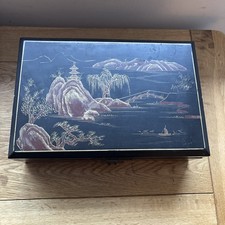 Vintage Japanese black lacquered large jewellery box with mirror