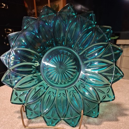 Vintage Teal Blue Federal Glass Petal Serving Platter Plate Turquoise 11 1/2" A3