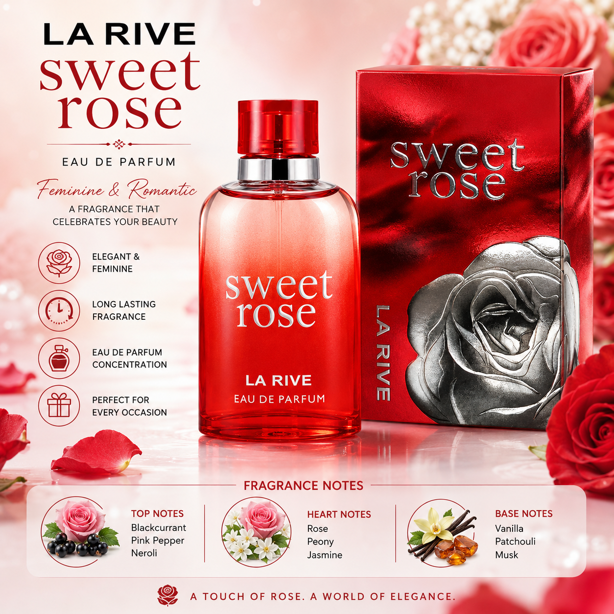 La Rive SWEET ROSE Eau de Parfum for Women Amber Scent 90ml EDP Spray