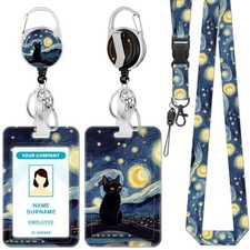 Black Cat Lanyards for Id Badges, Starry Night Badge Holder with Retractable ...