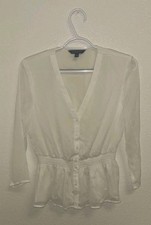 Banana Republic White Sheer Chiffon V-Neck Button Long Sleeve Smocked Blouse XS