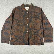 Chico's Silk Embroidered Jacket Women Size 1 Black Copper Beaded Art To Wear