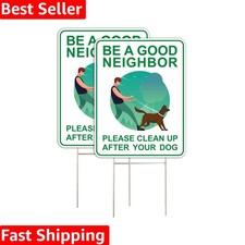 Bright Green Dog Waste Signage - 9 x 12 Inches with Metal Stakes, 2 Pack