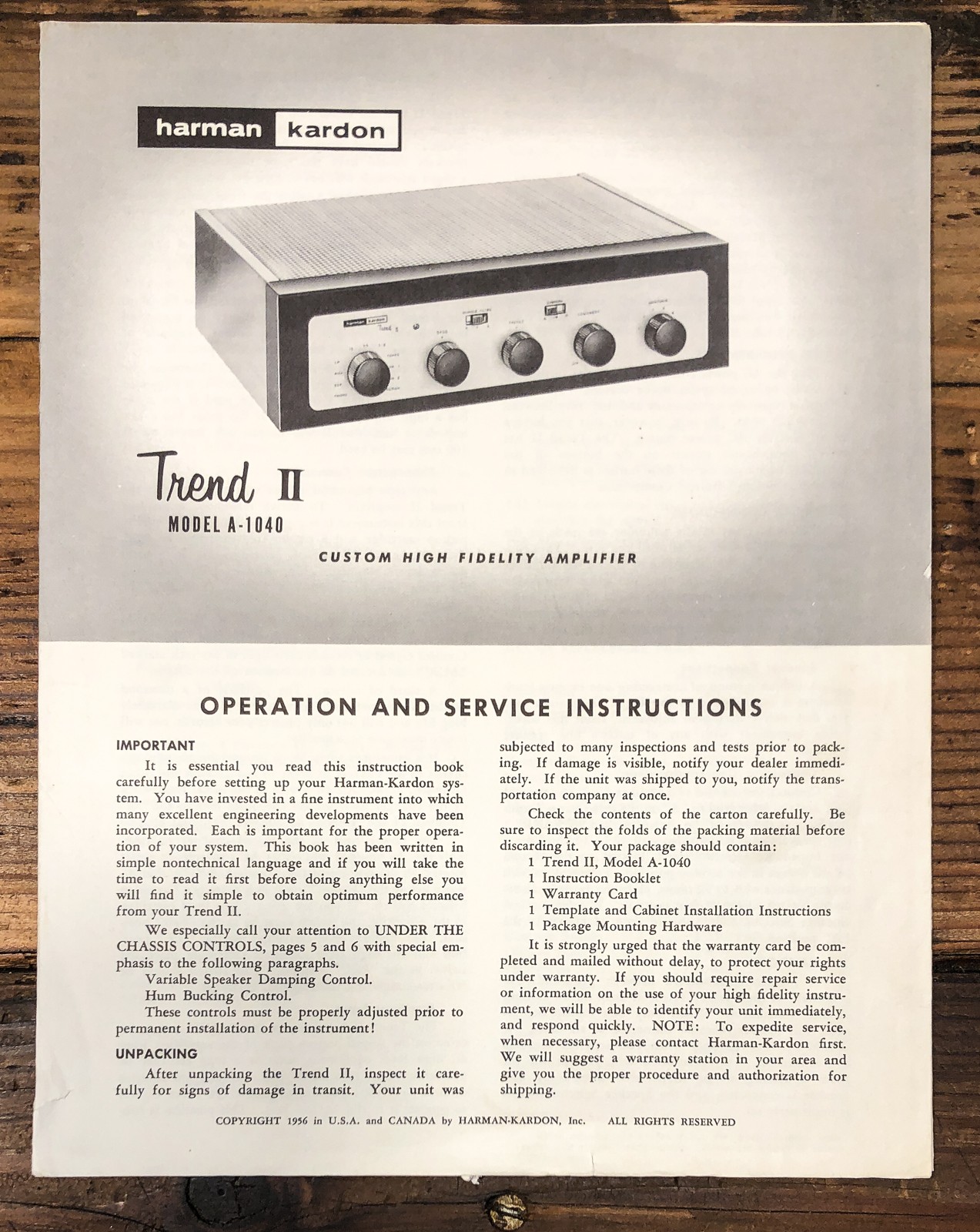 Harman Kardon A-1040 Trend II Amplifier Service Manual *Original*