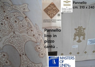 Hand embroidered linen curtain tombolo cantù gigliuzzo cm. 310 x 240 Beige Finished