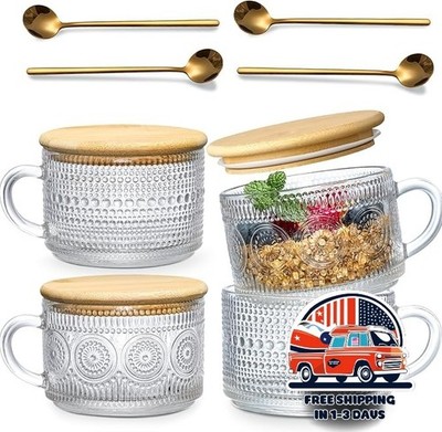 Juego 4 tazas de café vintage con tapa bambú y cuchara 14oz vaso vidrio grabado.