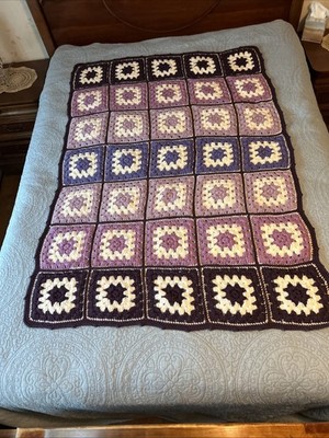 VTG Granny Square Crochet Afghan Blanket Throw 60  x 42  Shades Of Purple EUC