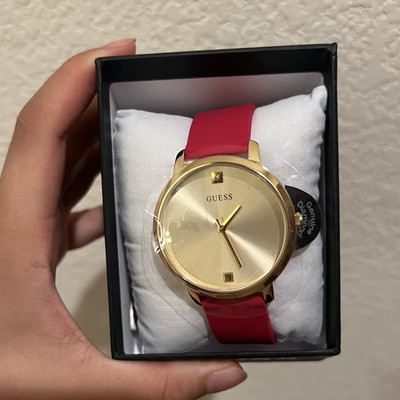 GUESS Women s Analog Champagne Gold Dial Tone Case Red Silicone Strap w/Box 40mm