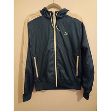 VTG Puma Men's Blue Hooded Windbreaker Jacket with White Accents Sz S
