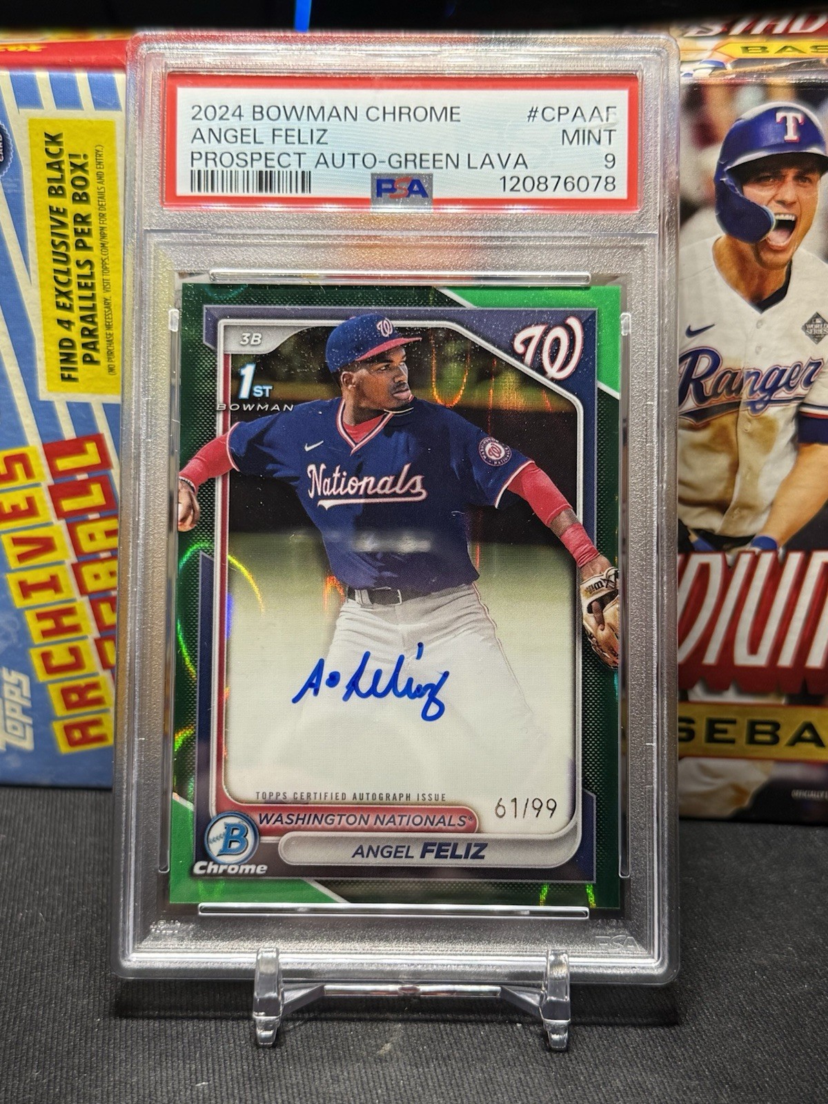 Angel Feliz 2024 Bowman Chrome 1st Green Lava Refractor Auto /99 PSA 9